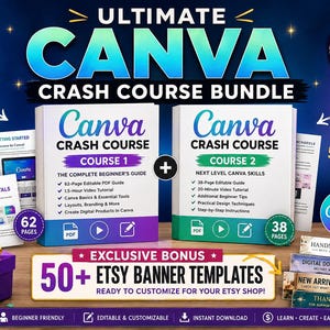 May include: A digital product bundle titled Ultimate Canva Crash Course Bundle featuring two course guides, 100 plus pages of training, 1 hour 50 minutes of video tutorials, and 50 plus Etsy banner templates with PLR and MRR rights included.