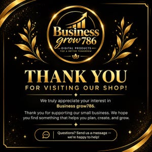 May include: A black and gold graphic sign featuring the text Business grow786 Digital Products For A Better Tomorrow, Thank You For Visiting Our Shop, and a message inviting customers to send a message with any questions.