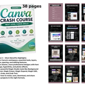 May include: A 38-page digital Canva crash course guide featuring a cover page with green and white branding, followed by twelve instructional slides detailing design techniques, video tutorials, and step-by-step editing instructions.