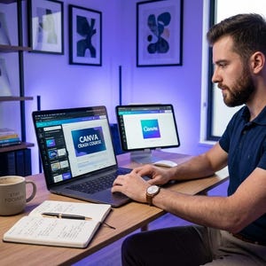 May include: A dark gray laptop displaying a Canva Crash Course interface, a tablet showing the Canva logo, a beige mug with the text Stay Focused, a notebook with a pen, and a wooden desk in a room with blue ambient lighting.