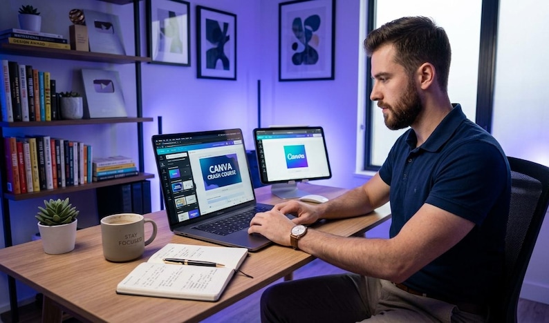 May include: A dark gray laptop displaying a Canva Crash Course interface, a tablet showing the Canva logo, a beige mug with the text Stay Focused, a notebook with a pen, and a wooden desk in a room with blue ambient lighting.