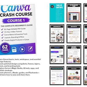 May include: A Canva Crash Course digital guide featuring a 62-page editable PDF and 1.5-hour video tutorial. The cover displays the title, a list of contents, and icons for PDF, video, and editing. Twelve smaller pages show various design lessons.