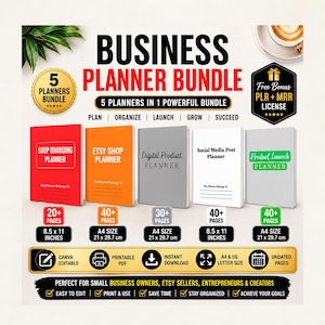 May include: A business planner bundle featuring five distinct planners in red, orange, gray, white, and light gray. The text includes 'BUSINESS PLANNER BUNDLE', '5 PLANNERS IN 1 POWERFUL BUNDLE', and titles for each planner. Includes 8.5 x 11 inch and A4 sizes.