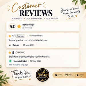 May include: A customer review graphic featuring the text Customer Reviews, Real People, Real Experiences, Real Results, and Your kind words mean the world to us. It displays a 5.0 star average, two reviews from George and EssentialDigital, and a Businessgrow786 logo.