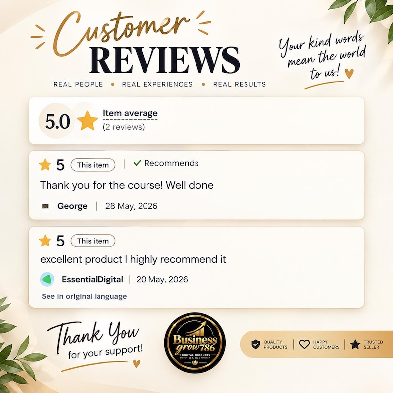 May include: A customer review graphic featuring the text Customer Reviews, Real People, Real Experiences, Real Results, and Your kind words mean the world to us. It displays a 5.0 star average, two reviews from George and EssentialDigital, and a Businessgrow786 logo.