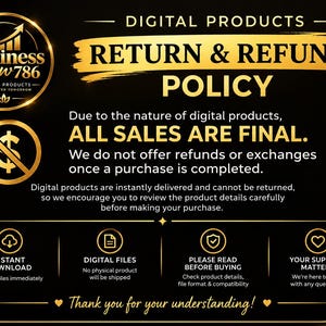 May include: A black and gold digital products return and refund policy graphic. It states all sales are final, no refunds or exchanges, and includes icons for instant download, digital files, read before buying, and support matters.