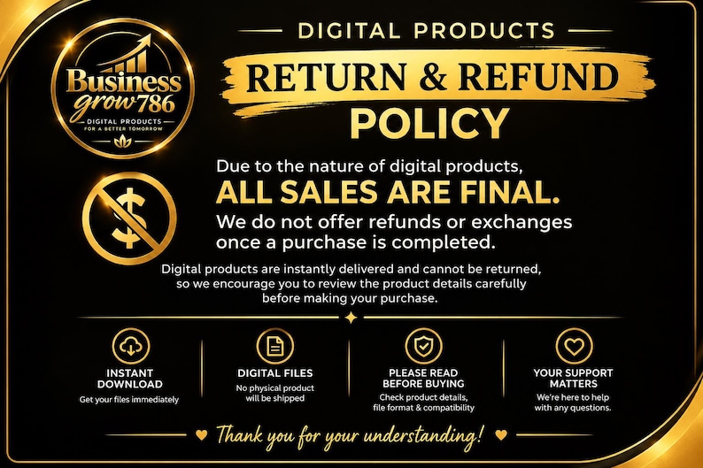 May include: A black and gold digital products return and refund policy graphic. It states all sales are final, no refunds or exchanges, and includes icons for instant download, digital files, read before buying, and support matters.