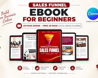 May include: A digital product bundle featuring a Sales Funnel Ebook for Beginners, an 88-page ebook, and a 28-page social media planner. The display shows multiple tablet screens with text, a funnel graphic, and the Canva logo, all editable in Canva.