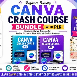 May include: A digital product bundle for Canva beginners, featuring two crash course guides, video tutorials, and bonus Etsy banner templates. The image includes the text "CANVA CRASH COURSE" and "Beginner Friendly".