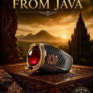 May include: A special energy ring from Java, featuring a large, round, red gemstone set in a gold and silver band. The ring is displayed on a carved wooden surface with the text "WEAR THE ENERGY". The background shows a temple and mountains.