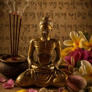 May include: A gold-toned, emaciated Buddha statue in a seated meditation pose, positioned next to a small incense burner with three burning incense sticks emitting smoke, surrounded by white, yellow, and pink flower petals and blossoms.