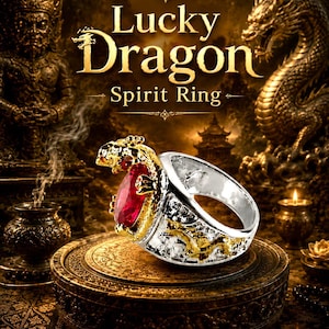 Op de afbeelding: Een zilveren en gouden ring met een grote rode edelsteen, met een drakenontwerp. De ring wordt getoond op een decoratieve standaard met de woorden "Lucky Dragon Spirit Ring" in gouden letters.