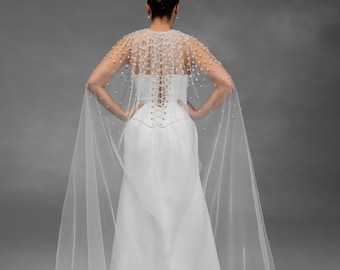 Voile de mariée cape ivoire perle, collection mariage 2026, cache-épaule bohème, cape de mariée élégante avec perles, superposition de robe de mariée