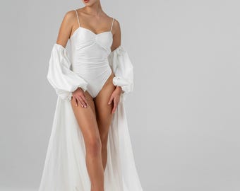 White Bridal Cape With Puff Sleeves, Long Wedding Cover Up, Elegant Bridal Capelet For Reception Look