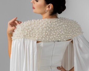 Pearl Bridal Capelet, Ivory Wedding Shoulder Cover, Elegant Bridal Accessory With Flowing Tulle Panels