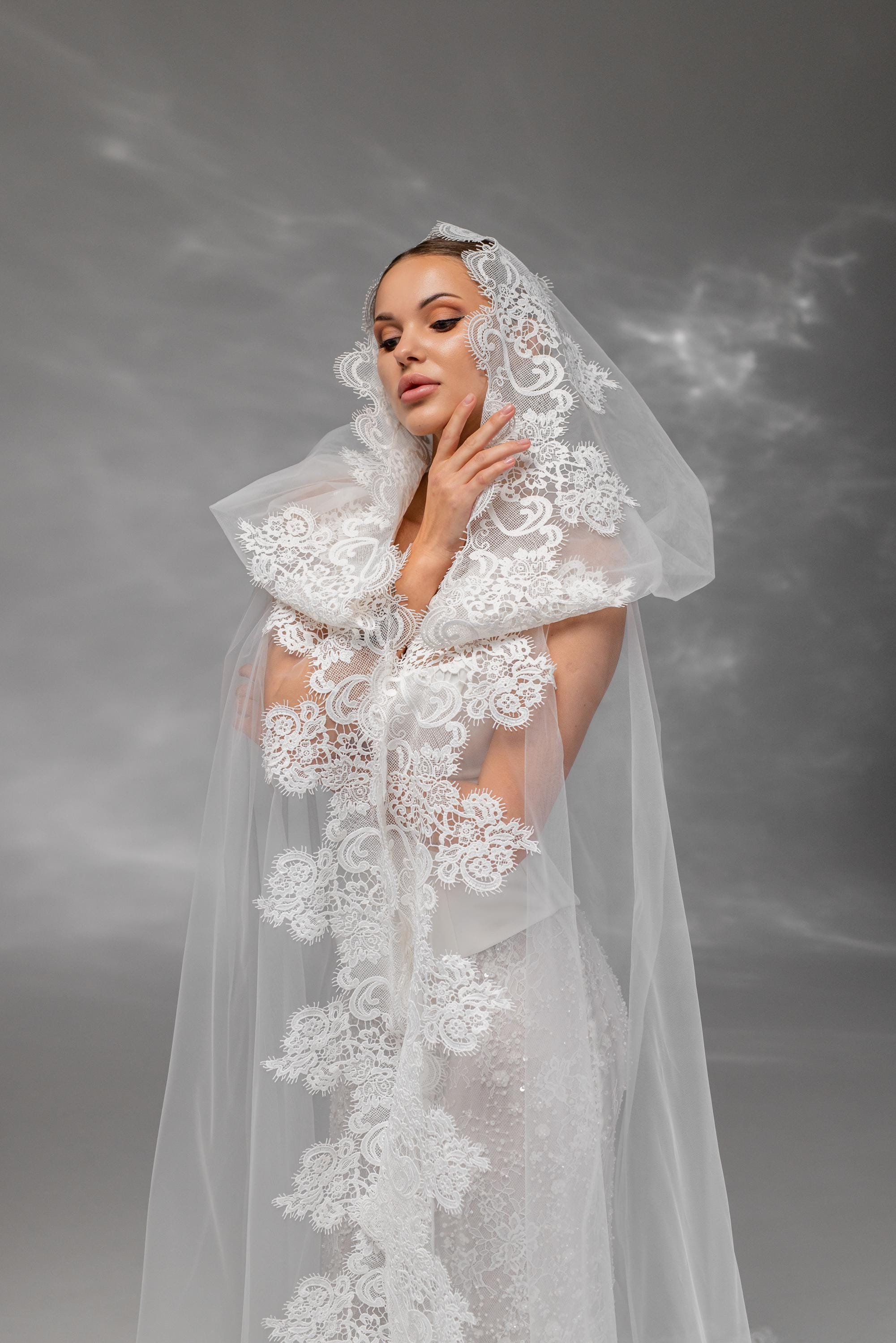 Elegant Hooded Bridal Veil With French Lace, Macrame Trim Mantilla