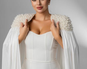 Pearl Bridal Cape with Draped Sleeves, Elegant Shoulder Cape for Bride, Ivory Wedding Capelet, Bridal Wrap and Bridal Separates