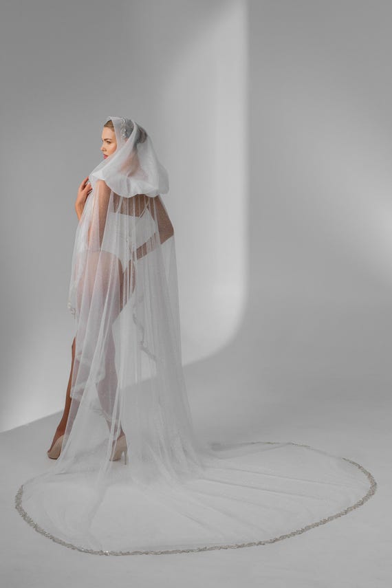 Ivory Glitter Wedding Veil, Long Sparkly Cathedral Veil  display picture 2