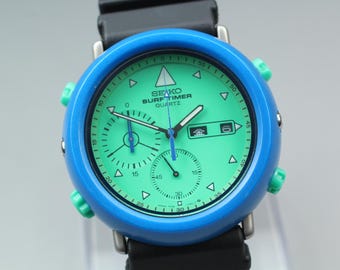 Rare Seiko 7A36‑7010 (Exc+5) Surf Timer 40mm Green Dial Day Date New Belt watch #1424