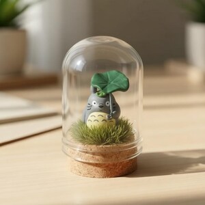 May include: A small gray and cream-colored creature figurine with a green leaf umbrella, standing on a patch of artificial grass inside a clear glass dome with a cork base. The figurine has a rounded body, whiskers, and a patterned belly.