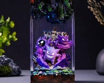 Handmade Gen.gar Haun.ter Gast.ly Ghost Trio Resin Lamp, P0kem0n Diorama Night Light, Unique Gamer Gift, Spooky Home Decor