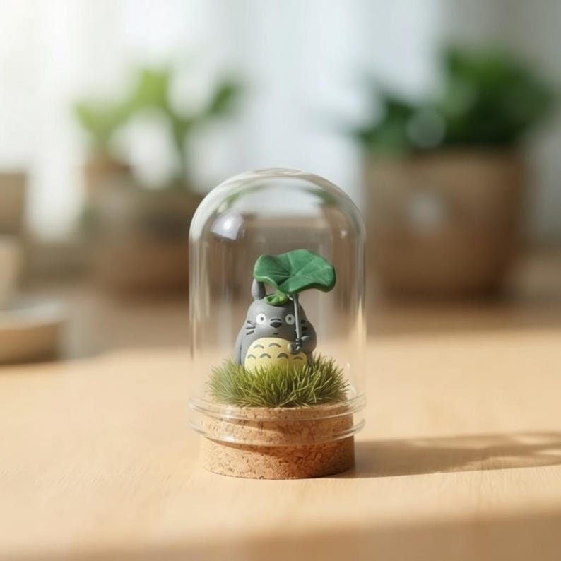 May include: A small gray Totoro figurine with a cream-colored belly and a green leaf umbrella, standing on a patch of artificial green grass inside a clear glass dome with a round cork base, creating a miniature decorative display piece.