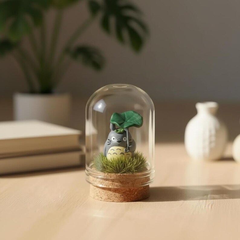 May include: A small gray creature figurine with a cream-colored belly and dark markings, holding a green leaf umbrella, stands on a patch of artificial grass inside a clear glass dome with a light brown cork base, creating a miniature display.