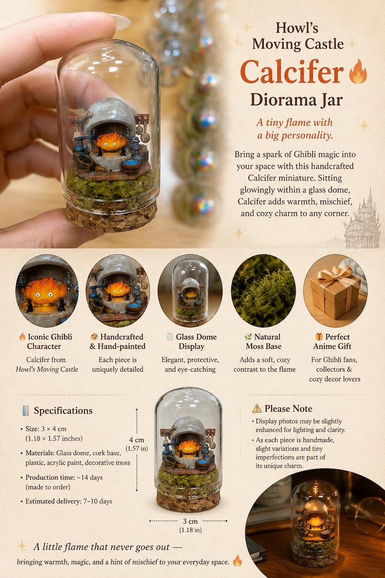 Pu&ograve; includere: Un barattolo diorama in miniatura di Calcifer con un personaggio fiamma arancione all'interno di una cupola di vetro su base di sughero. Il diorama include un focolare grigio, utensili da cucina e una base di muschio verde. Misura 3 cm per 4 cm.