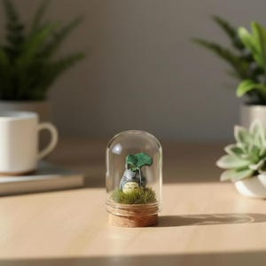 May include: A small gray Totoro figurine with a cream-colored belly and a green leaf umbrella, standing on a patch of artificial grass inside a clear glass dome with a cork base. The character has pointed ears and a simple facial expression.