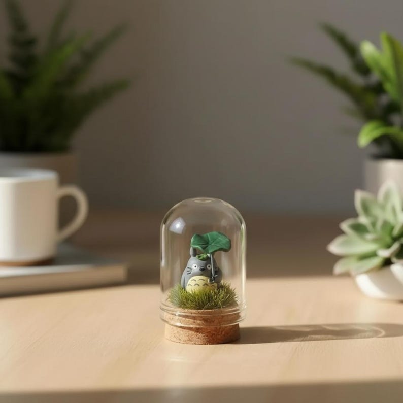 May include: A small gray Totoro figurine with a cream-colored belly and a green leaf umbrella, standing on a patch of artificial grass inside a clear glass dome with a cork base. The character has pointed ears and a simple facial expression.