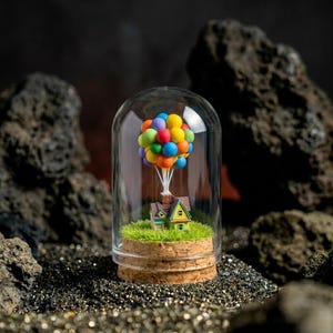 May include: A miniature house with a green lawn and colorful balloons inside a glass dome. The house has a yellow and green exterior with a brown roof. The balloons are various colors, including red, blue, yellow, and green.