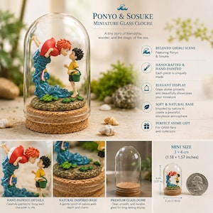 May include: A miniature glass cloche containing a figurine of Ponyo and Sosuke on a cork base. The scene features Ponyo in a red dress atop a blue wave facing Sosuke in a yellow shirt. The set measures 3 by 4 cm, as shown next to a coin.