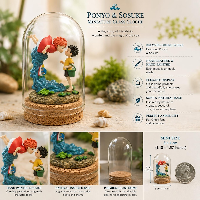 May include: A miniature glass cloche containing a figurine of Ponyo and Sosuke on a cork base. The scene features Ponyo in a red dress atop a blue wave facing Sosuke in a yellow shirt. The set measures 3 by 4 cm, as shown next to a coin.