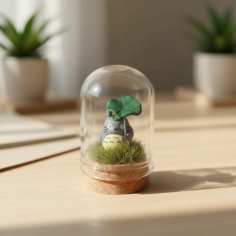 May include: A small gray and cream-colored creature figurine with a green leaf umbrella, standing on a patch of artificial grass inside a clear glass dome with a cork base. The figurine has a rounded body, whiskers, and a patterned belly.