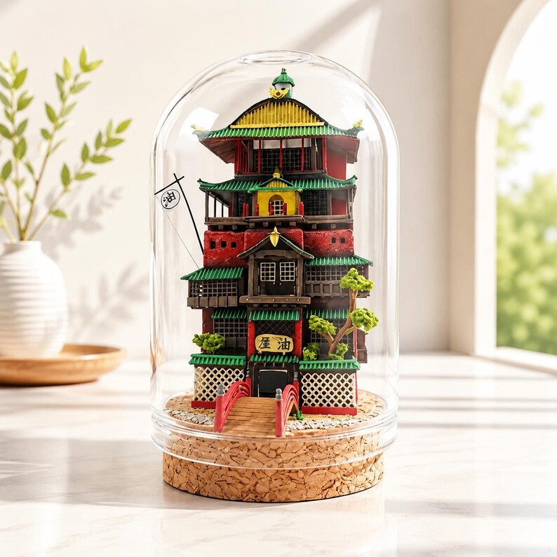 K&ouml;nnte beinhalten: Ein Miniaturmodell eines mehrst&ouml;ckigen Geb&auml;udes mit roten, gr&uuml;nen und gelben architektonischen Details, eingeschlossen in einer klaren Glaskuppel auf einem Korksockel. Das Bauwerk zeigt eine kleine rote Br&uuml;cke, eine Flagge mit dem Zeichen 油 und ein Schild mit dem Text 油屋.