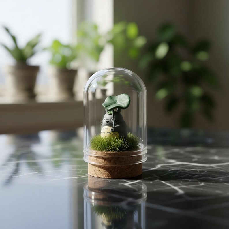 May include: A small gray creature figurine with a cream-colored belly and a green leaf held over its head, standing on a patch of artificial green grass inside a clear glass dome with a circular cork base, creating a miniature display piece.