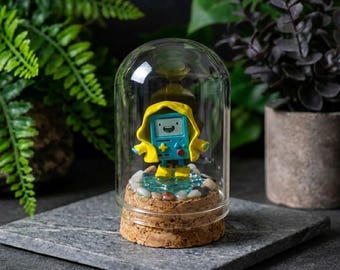 Adventure Time BMO Raincoat Miniature Diorama In Glass Dome, BMO Rainy Day Terrarium, Cute Video Game Fan Gift, Handcrafted Figurine Decor