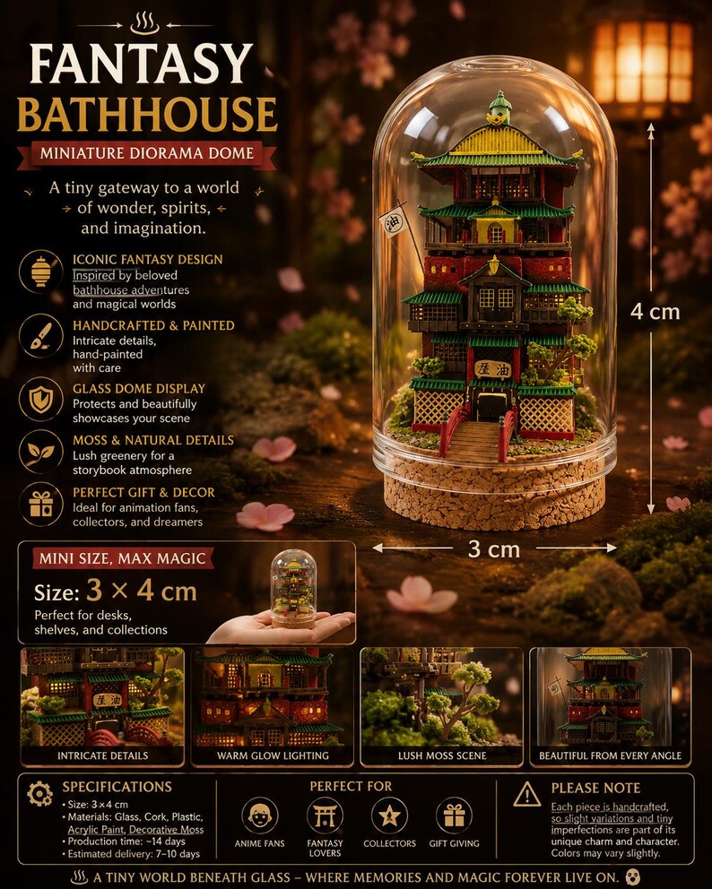 K&ouml;nnte beinhalten: Ein Miniatur-Badehaus-Diorama mit mehreren Etagen in einer klaren Glaskuppel mit Korkboden. Das Geb&auml;ude hat gr&uuml;ne D&auml;cher, rote W&auml;nde, eine kleine rote Br&uuml;cke und gr&uuml;ne Moosakzente. Die Ma&szlig;e sind mit 3 cm mal 4 cm angegeben.