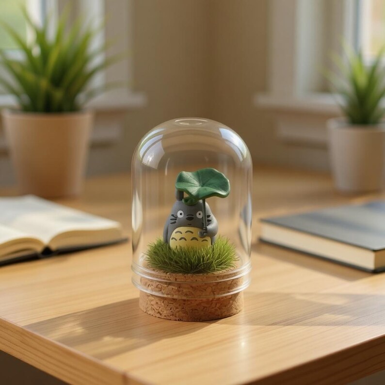 May include: A small gray Totoro figurine with a cream-colored belly and a green leaf umbrella, standing on a patch of artificial grass inside a clear glass dome with a cork base, creating a miniature display piece for a desk or shelf.