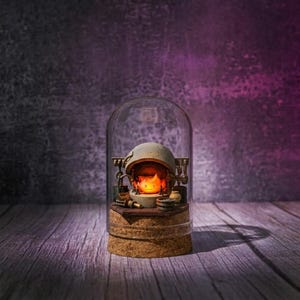 Pu&ograve; includere: Una cupola decorativa in vetro con base in sughero contenente un diorama in miniatura di un focolare in pietra. All'interno del focolare, un piccolo personaggio a forma di fiamma arancione brillante con un volto semplice siede tra attrezzi.
