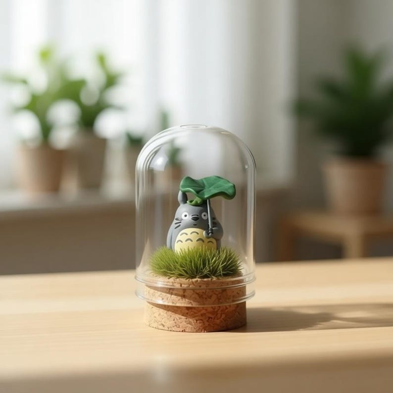 May include: A small gray creature figurine with a cream-colored belly and a green leaf umbrella, standing on a patch of artificial grass atop a circular cork base, all enclosed within a clear glass dome display case for decorative purposes.