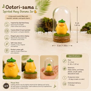 May include: A yellow Ootori-sama duck spirit figurine, 1.57 inches tall, under a glass dome. The figurine has a green hat and sits on a cork base with decorative moss. The diorama jar is inspired by Spirited Away.