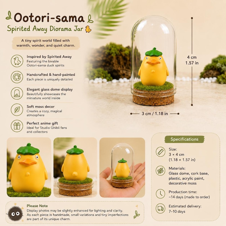 May include: A yellow Ootori-sama duck spirit figurine, 1.57 inches tall, under a glass dome. The figurine has a green hat and sits on a cork base with decorative moss. The diorama jar is inspired by Spirited Away.