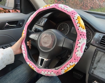 Crochet Pink  Sun Moon Car Steering Wheel Cover & Seatbelt Cover Set
