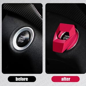 Op de afbeelding: Een voor-en-na vergelijking van de start/stop-knop van een auto. De 'voor'-afbeelding toont een standaard zwarte knop met witte tekst. De 'na'-afbeelding toont een helderrode, geometrische afdekking. De tekst 'voor' en 'na' staan onderaan.