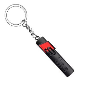 May include: A black and red S line keyring with a silver key ring and chain. The keyring has a rectangular shape with the S line logo in black and a red accent. The key ring and chain are made of silver metal.