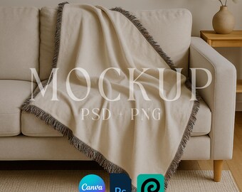 Mockup di coperta tessuta, mockup di coperta tessuta personalizzata, mockup di coperta tessuta stampabile su richiesta, oggetti avanzati di Photoshop in formato PSD, cornici trascinabili di Canva