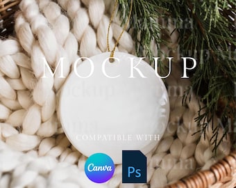 Christmas Ornament Mockup, Ornament Stock Photo, Print on Demand Ornament with Gold String, Canva Template PNG, Aesthetic Ornament File JPG