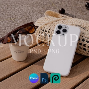 May include: A white phone case, sunglasses, and a coffee cup are arranged on a wooden surface. The sunglasses are brown, and the coffee cup has text. A mesh bag is in the background. The word "MOCKUP" is overlaid on the image.