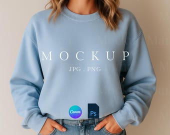 Hydrangea Comfort Colors 1466 mockup, sweater mock-up Comfort Colors 1466, blauwe sweater mock-up, ronde hals 1466 mockup, print on demand